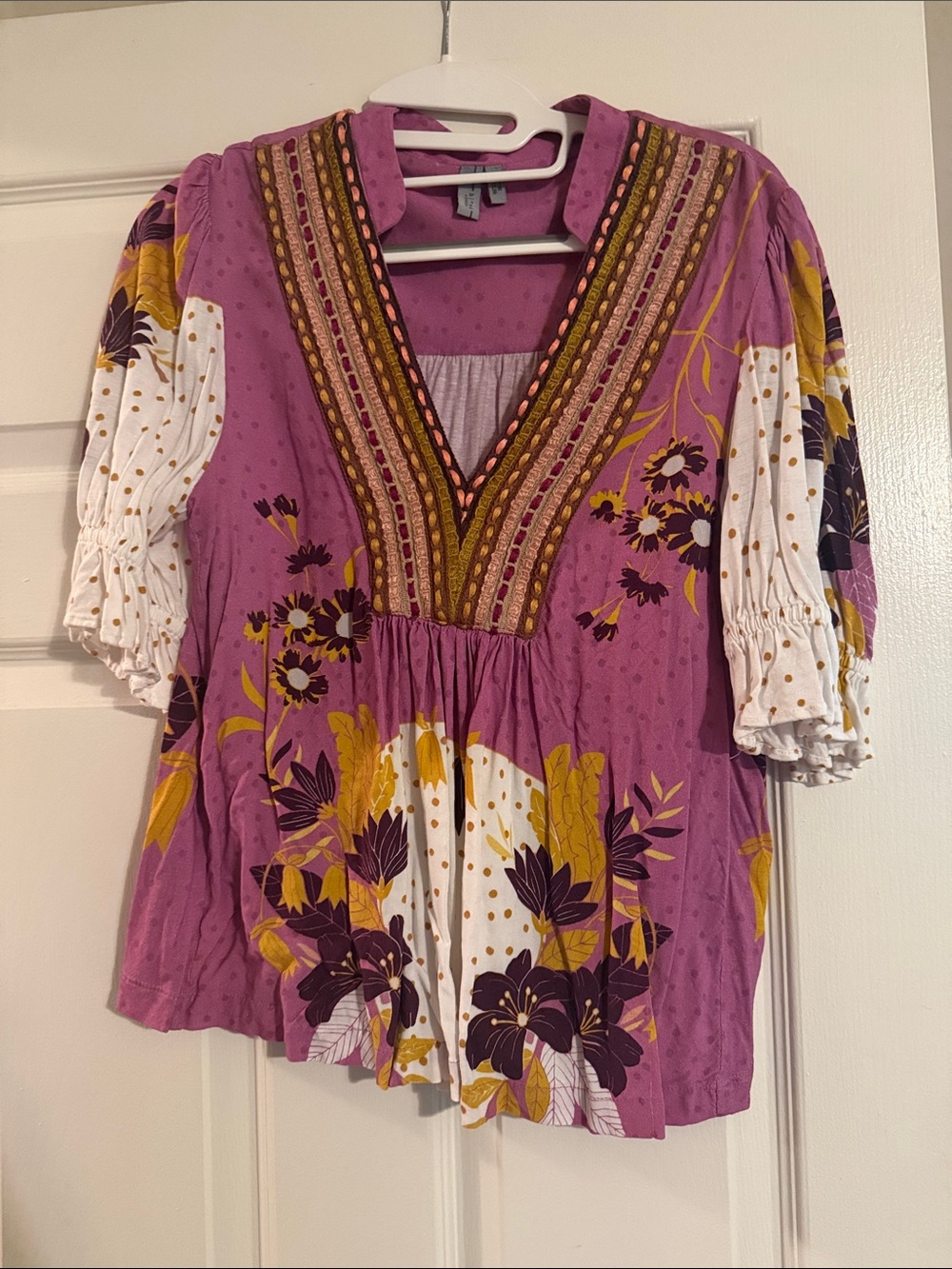 Boho Embroidered V-Neck Tunic in Purple and White